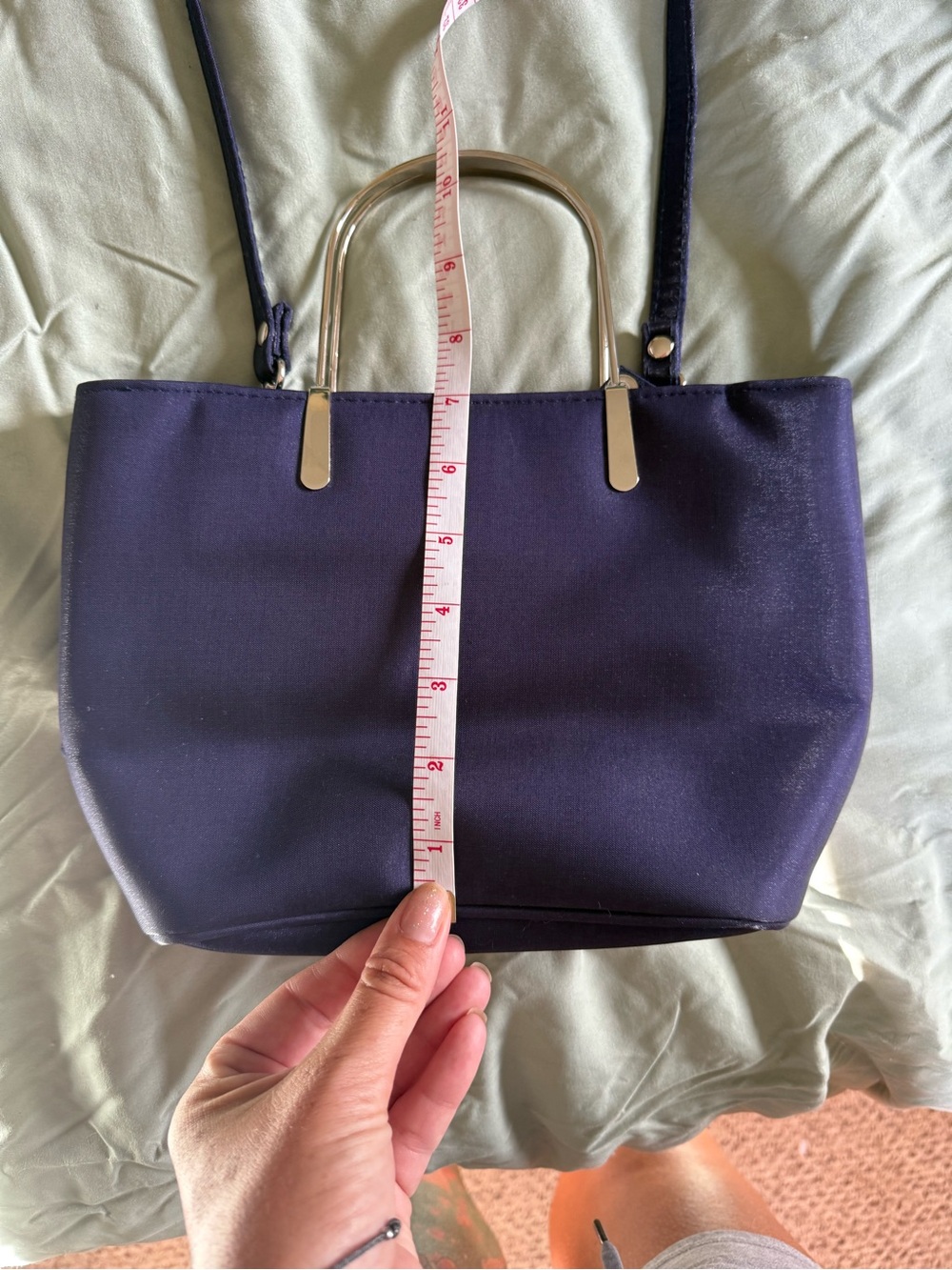 Structured Navy Shoulder Bag with Silver Tone Handles - Picture 3 of 9